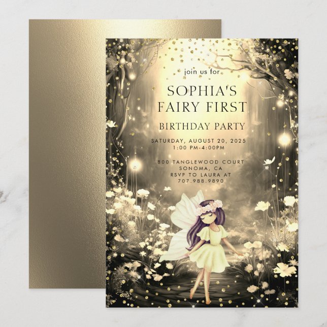 Fairy First Enchanted Forest Girl 1st Birthday Invitation (Front/Back)