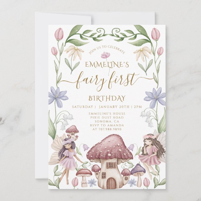 Fairy First Enchanted Forest Girl 1st Birthday Invitation (Front)