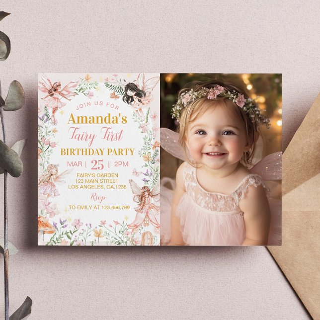 Fairy First Floral Garden Birthday Photo Invitation (Creator Uploaded)