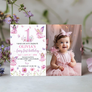 Fairy First Floral Garden Butterfly Birthday Photo Invitation