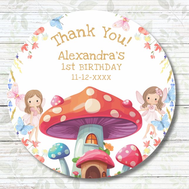 Fairy First Floral Girl 1st Birthday Thank You Classic Round Sticker (Creator Uploaded)