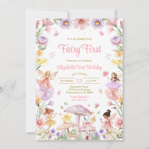 Fairy First Girl Floral 1st Birthday Invitation