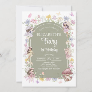 Fairy First Girl Floral 1st Birthday Invitation