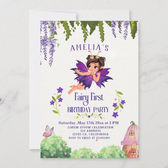 Fairy First Girl's 1st Birthday Enchanted forest Invitation (Front)