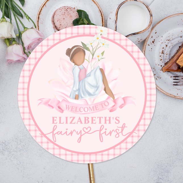 Fairy First Girl's 1st Birthday Party Personalised Classic Round Sticker (Creator Uploaded)