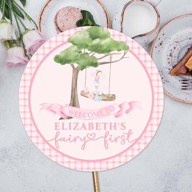 Fairy First Girl's 1st Birthday Party Personalised Classic Round Sticker (Creator Uploaded)