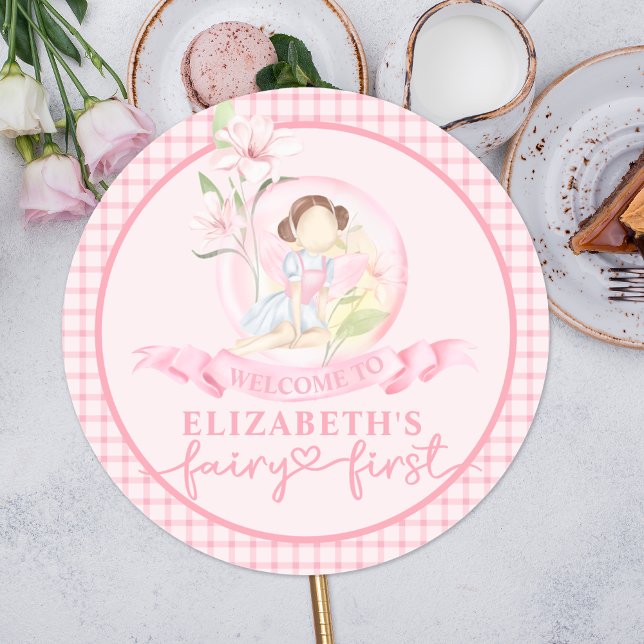 Fairy First Girl's 1st Birthday Party Personalised Classic Round Sticker (Creator Uploaded)