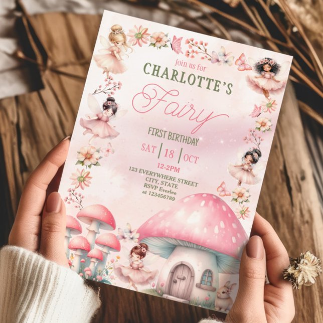 Fairy First Mushroom House Pink Birthday Invitation (Creator Uploaded)