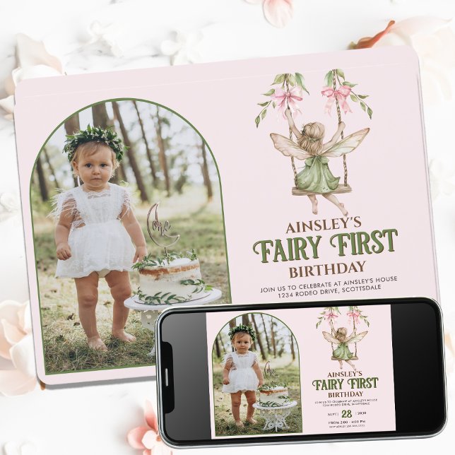Fairy First Personalised Photo Pink 1st Birthday Invitation (Creator Uploaded)