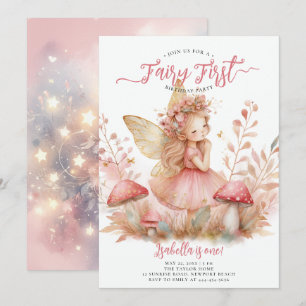 Fairy First Pink Gold Mushrooms Girls 1st Birthday Invitation