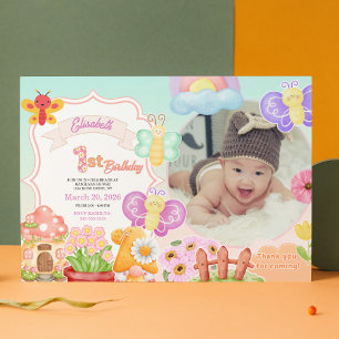 Fairy First Pink Photo Butterfly 1st Birthday  Invitation