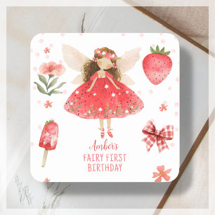 Fairy First Strawberry Fairy Birthday Favour Square Sticker