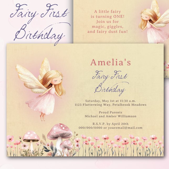 Fairy First Theme Girl's 1st Birthday Party Custom (1st Birthday Invitation. Cute fairy themed to celebrate a fairy first birthday. Adorable watercolor.)