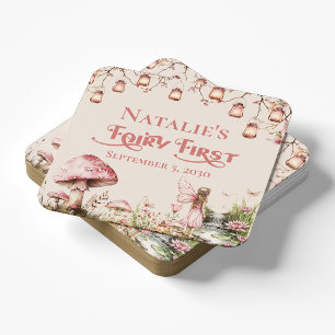 Fairy First Theme Girl's 1st Birthday Party Custom Square Paper Coaster