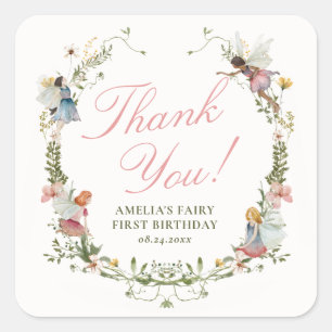 Fairy First Vintage Floral Birthday Square Sticker