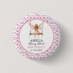 Fairy First Watercolor Floral Girls 1st Birthday 3 Cm Round Badge