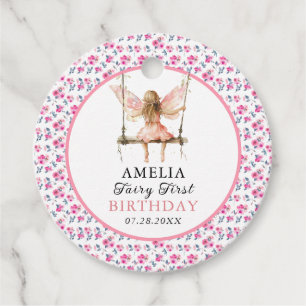 Fairy First Watercolor Floral Girls 1st Birthday Favour Tags
