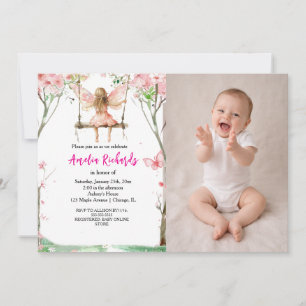 Fairy First Watercolor Floral Girls 1st Birthday Invitation