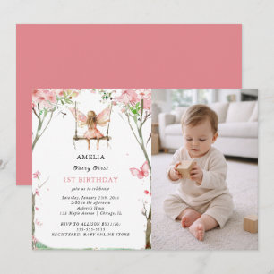 Fairy First Watercolor Floral Girls 1st Birthday Invitation
