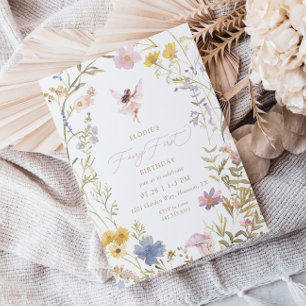 Fairy First Watercolor Floral Girls 1st Birthday Invitation