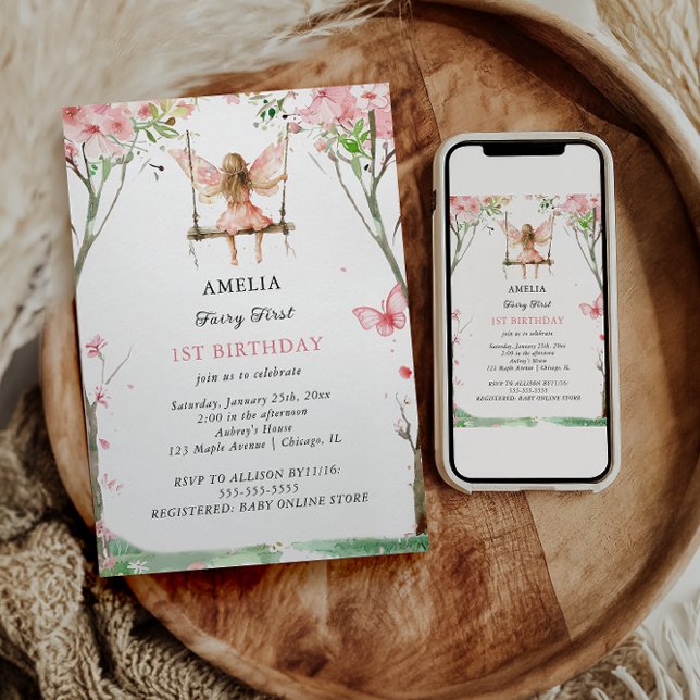 Fairy First Watercolor Floral Girls 1st Birthday Invitation (Creator Uploaded)