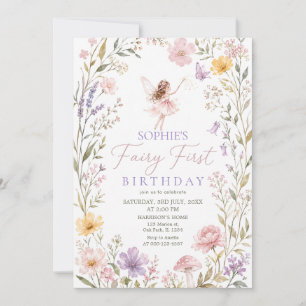 Fairy First Watercolor Floral Girls 1st Birthday Invitation