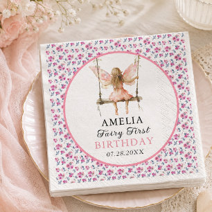 Fairy First Watercolor Floral Girls 1st Birthday Napkin