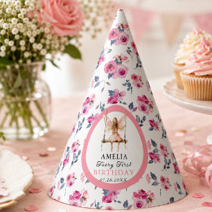 Fairy First Watercolor Floral Girls 1st Birthday Party Hat