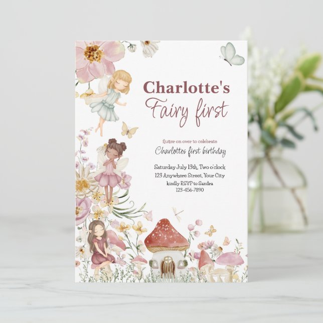 Fairy first whimsical Birthday invitation (Standing Front)