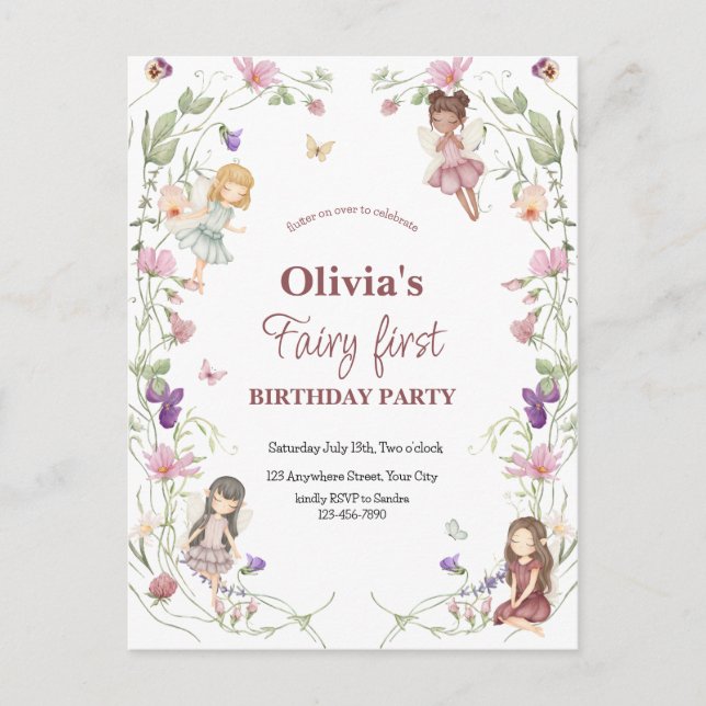 Fairy first whimsical Birthday invitation Postcard (Front)