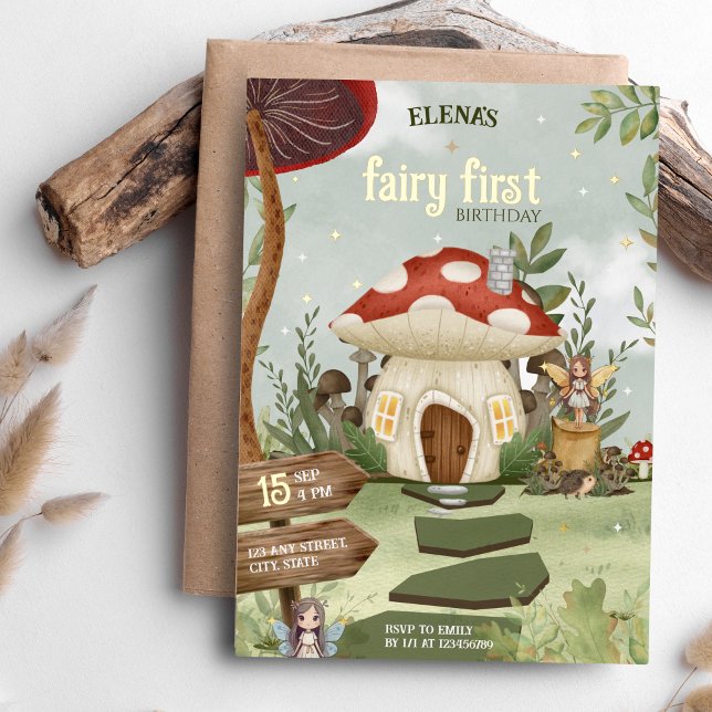 Fairy First Whimsical Forest Mushroom 1st Birthday (Fairy First Birthday Theme with Gold Foil)