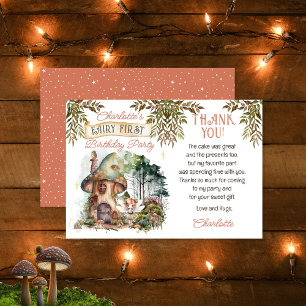 Fairy First Woodland Animals Mushroom 1st Birthday Thank You Card