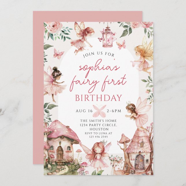 Fairy Floral Girls 1st Birthday Party  Invitation (Front/Back)