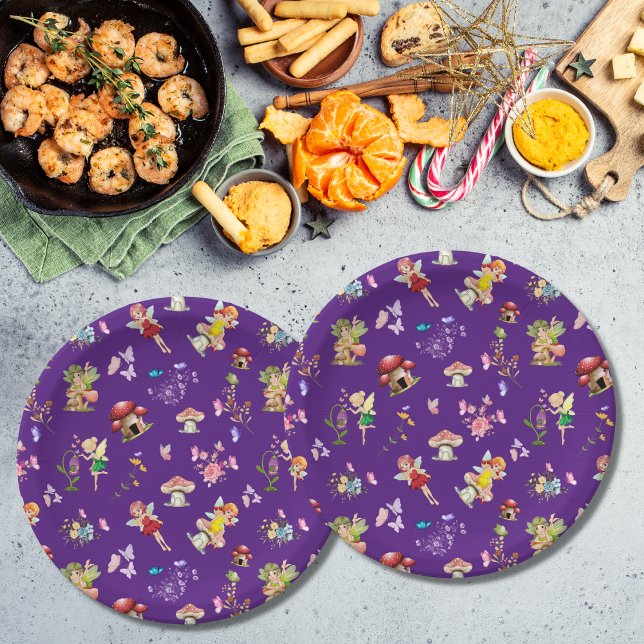Fairy Flower Butterfly Mushroom Purple Themed Paper Plate (Creator Uploaded)