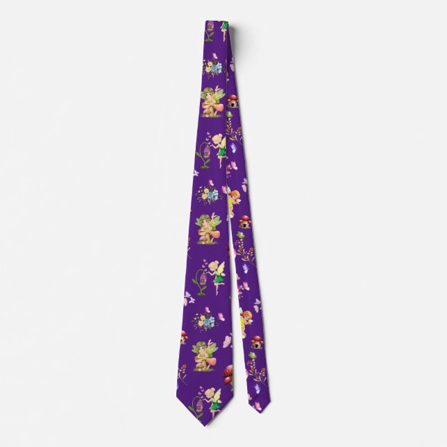 Fairy Flower Butterfly Mushroom Purple Themed Tie (Front)