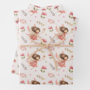 Fairy& Flower Illustrations Pastel Pink Botanical Wrapping Paper Sheet