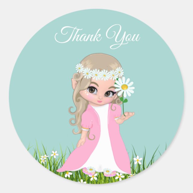 Fairy & Flowers on Light Blue Thank You Classic Round Sticker (Front)