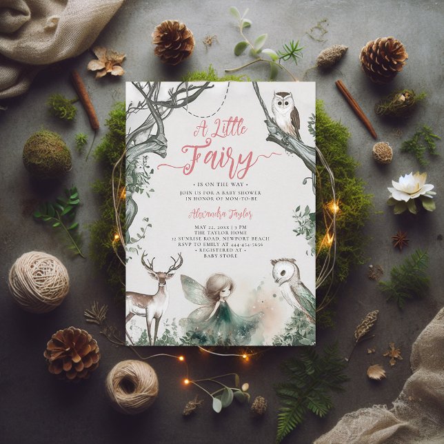 Fairy Forest Woodland Modern Chic Baby Girl Shower Invitation (little fairy baby shower invitation enchanted forest woodland animals magical faerie elegant)