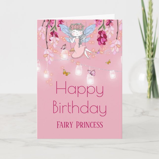 Fairy garden girl swing mason jar lights pink card (Front)