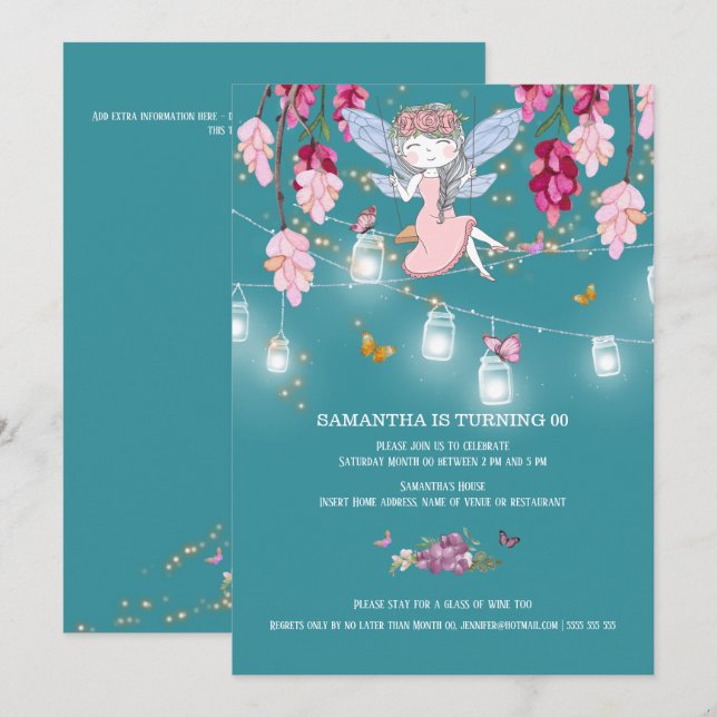 Fairy garden girl swing mason jar lights pink invitation (Front/Back)