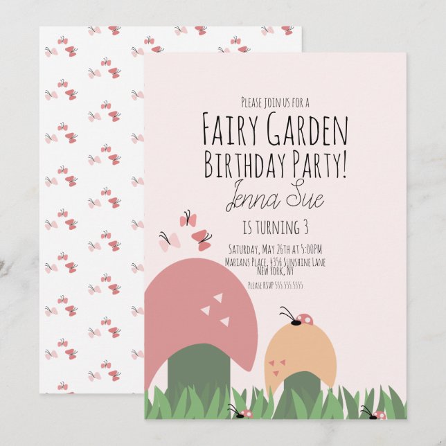 Fairy Garden Mushrooms Ladybugs Butterflies Invita Invitation (Front/Back)