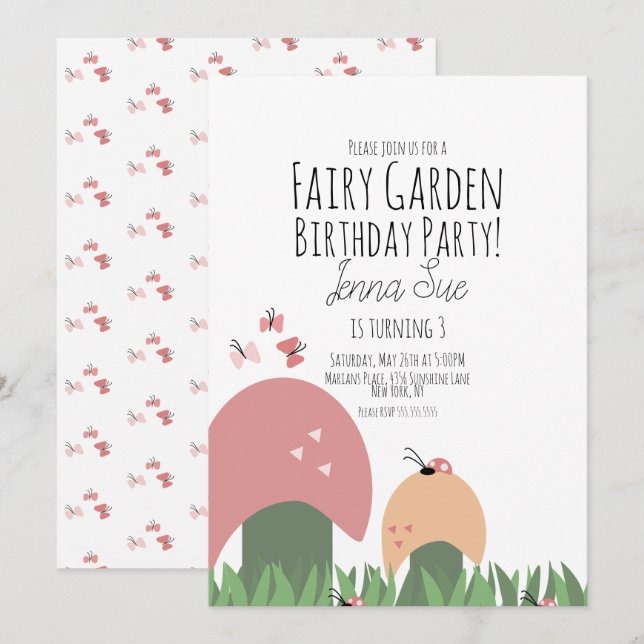 Fairy Garden Mushrooms Ladybugs Butterflies Invitation (Front/Back)
