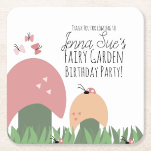 Fairy Garden Mushrooms Ladybugs Butterflies Square Paper Coaster