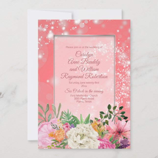Fairy Garden Pastel Flowers Coral Wedding Invitation (Front)