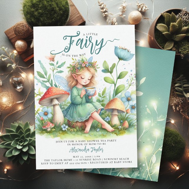 Fairy Garden Tea Mushrooms Wilds Baby Girl Shower Invitation (enchanted fairy garden tea party girl baby shower invitation magical mushroom village forest elegant)