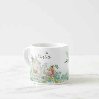 Fairy Garden Tea Party Blue Floral Dragonfly Bee Espresso Cup