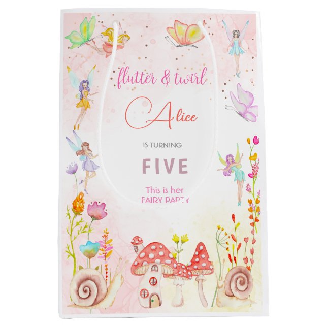 Fairy garden watercolor kids birthday medium gift bag (Front)