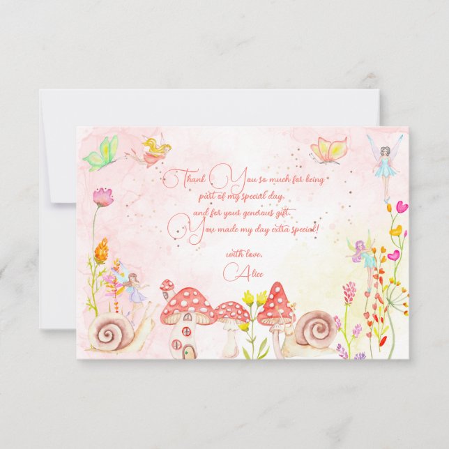 Fairy garden watercolor kids birthday  thank you card (Front)