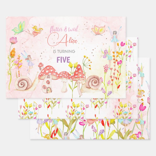 Fairy garden watercolor kids birthday  wrapping paper sheet (Set)