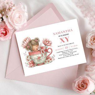 Fairy Girl Birthday Blush Floral Pink Tea Party Invitation